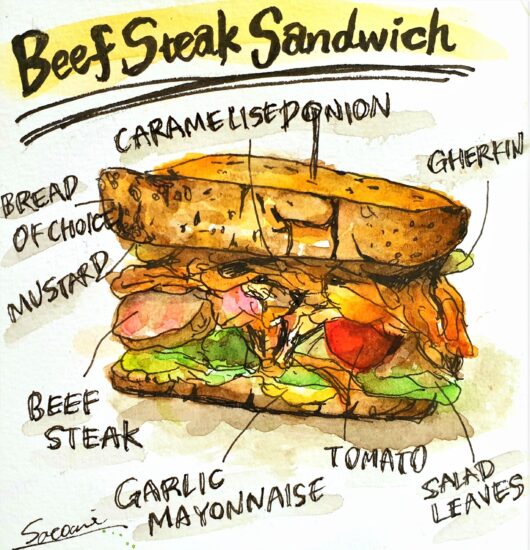 ボリュームたっぷり 牛肉ステーキ サンドイッチ レシピ イラスト 水彩画 ピクニック beef steak sandwich illustration watercolor painting