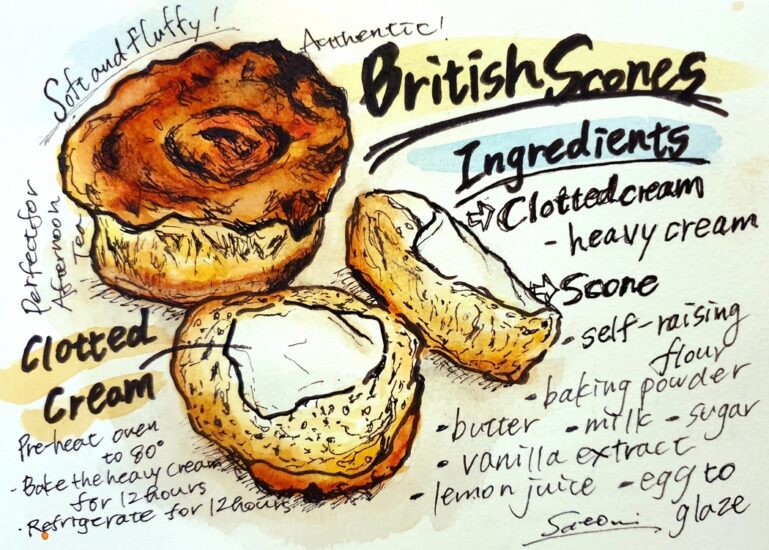 イギリス本場のスコーン・クロテッドクリームレシピ イラスト 絵 scones illustration
